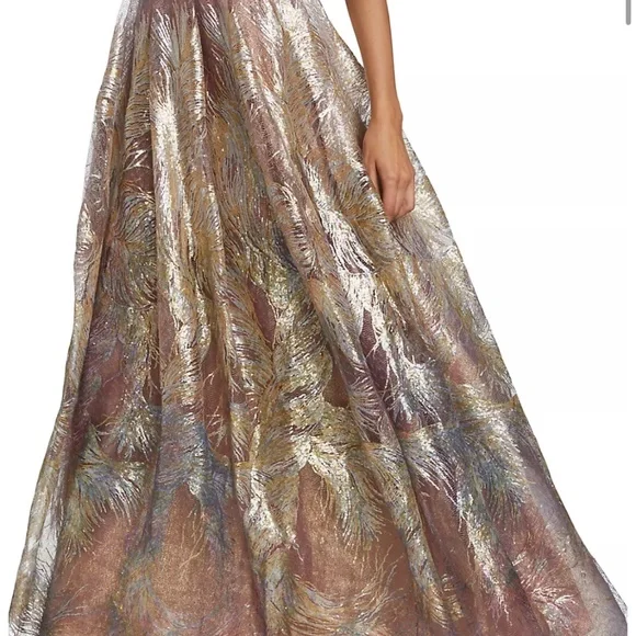 Rene Ruiz feathered fit flair gown